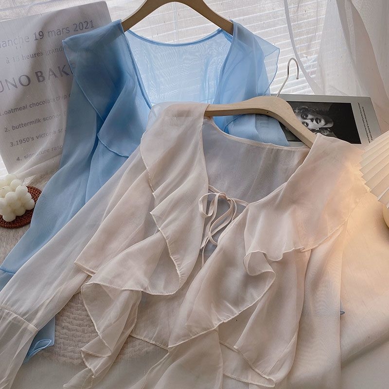 Plus veličine šifonska bluza s volanima, zaštita od sunca, dugi rukav, vanjski kardigan stil baby-doll