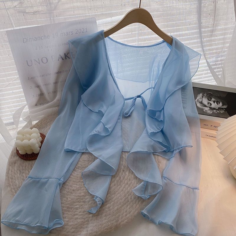 Plus veličine šifonska bluza s volanima, zaštita od sunca, dugi rukav, vanjski kardigan stil baby-doll
