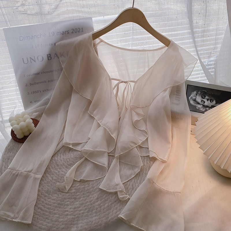 Plus veličine šifonska bluza s volanima, zaštita od sunca, dugi rukav, vanjski kardigan stil baby-doll