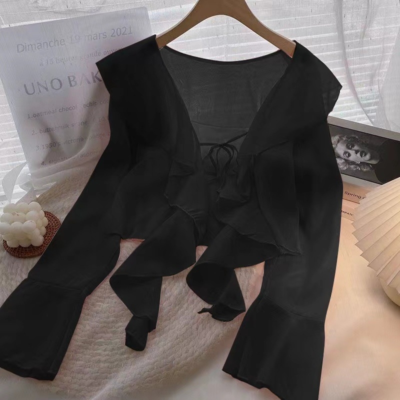 Plus veličine šifonska bluza s volanima, zaštita od sunca, dugi rukav, vanjski kardigan stil baby-doll