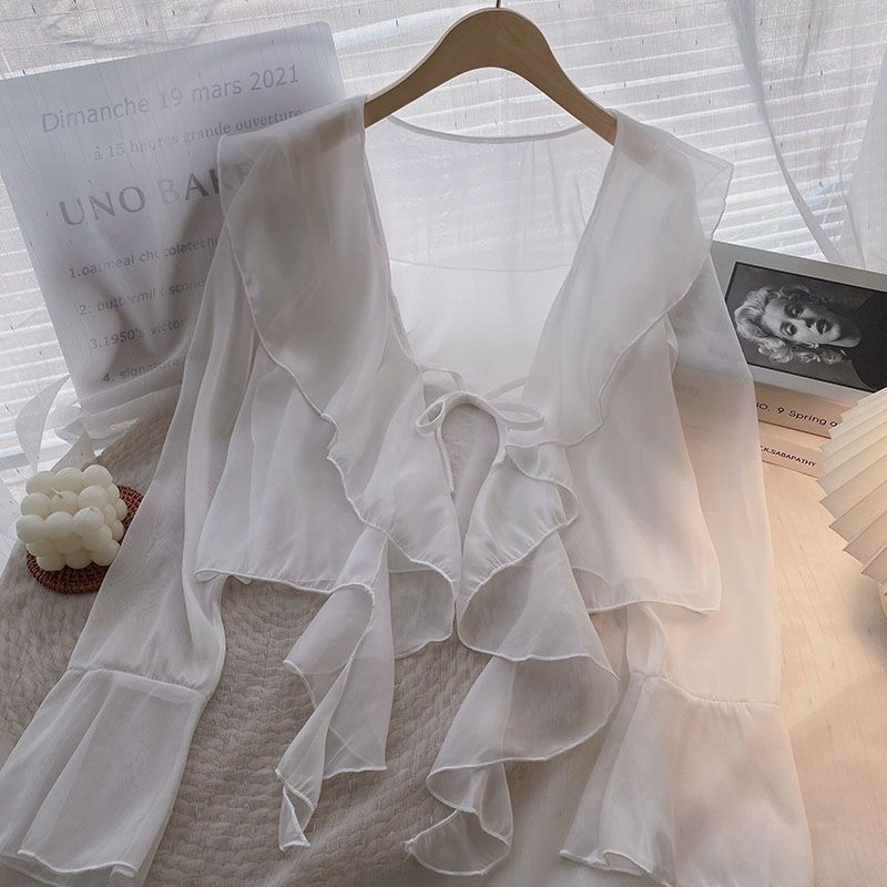 Plus veličine šifonska bluza s volanima, zaštita od sunca, dugi rukav, vanjski kardigan stil baby-doll