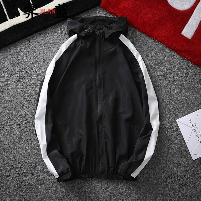 Geacă cu glugă, subțire, amestec de poliester, fermoar, buzunare laterale