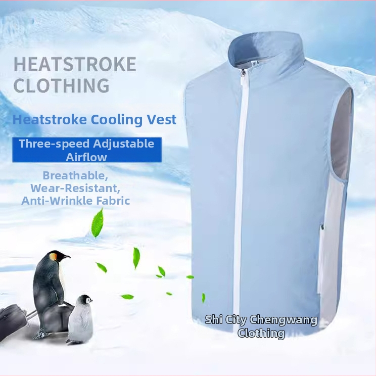 Prenosná vesta na chladenie s integrovaným ventilátorom pre vonkajšie rybárčenie – stojací golier, zips, bočné vrecká, polyester, UPF50+