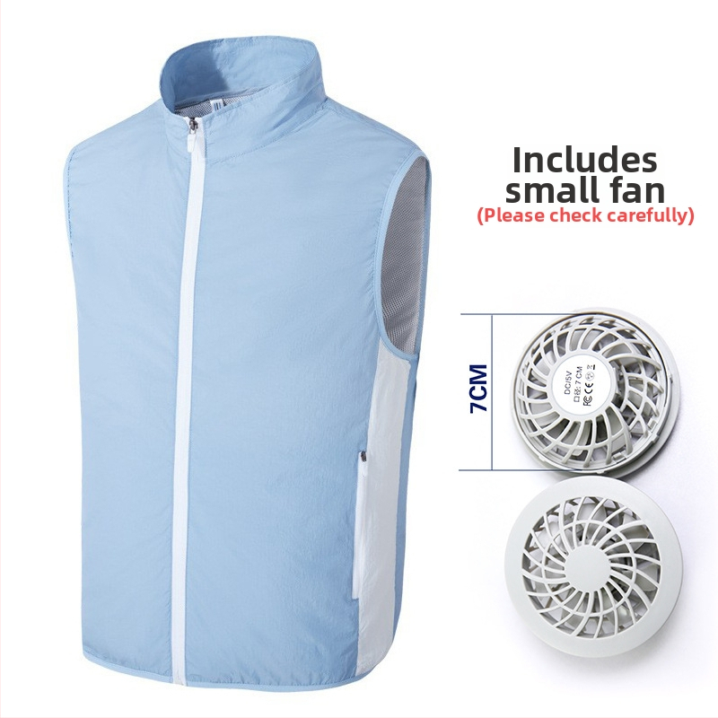 Prenosná vesta na chladenie s integrovaným ventilátorom pre vonkajšie rybárčenie – stojací golier, zips, bočné vrecká, polyester, UPF50+