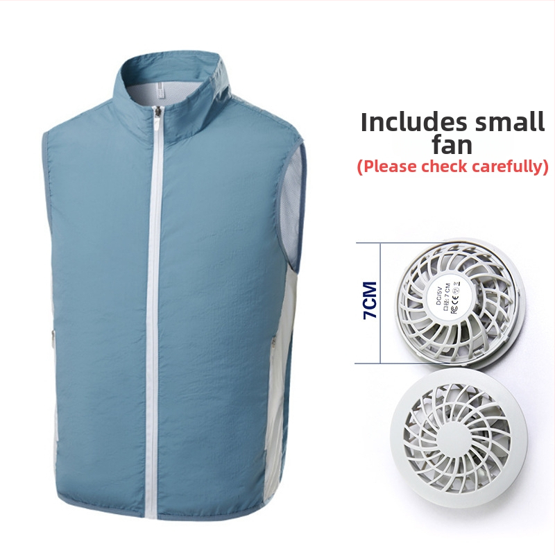 Prenosná vesta na chladenie s integrovaným ventilátorom pre vonkajšie rybárčenie – stojací golier, zips, bočné vrecká, polyester, UPF50+