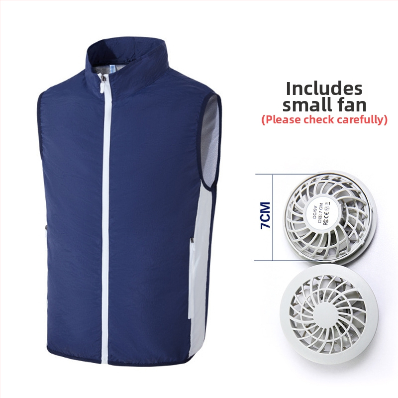 Prenosná vesta na chladenie s integrovaným ventilátorom pre vonkajšie rybárčenie – stojací golier, zips, bočné vrecká, polyester, UPF50+