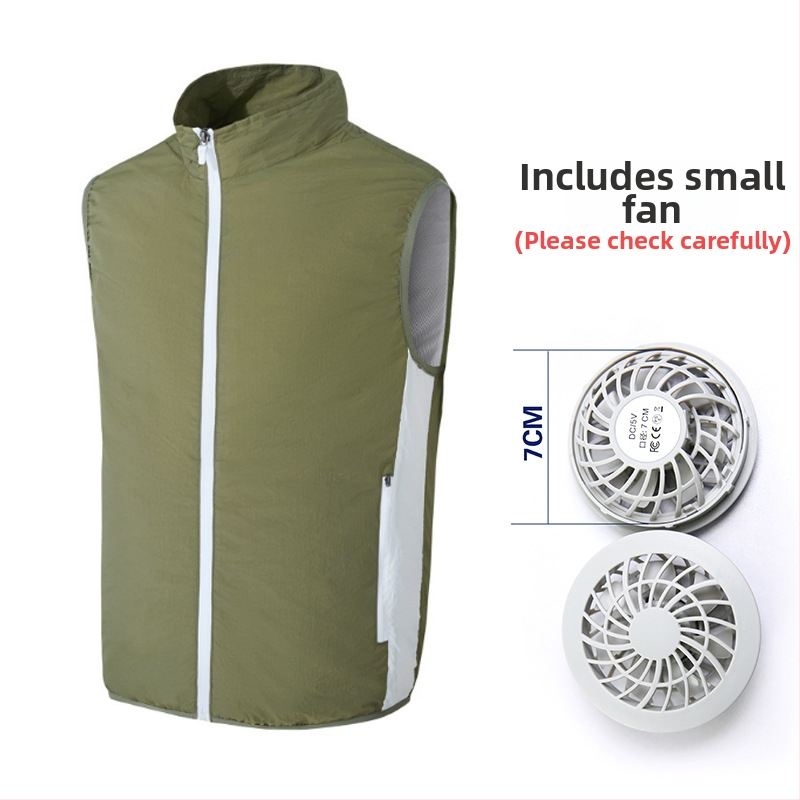 Prenosná vesta na chladenie s integrovaným ventilátorom pre vonkajšie rybárčenie – stojací golier, zips, bočné vrecká, polyester, UPF50+