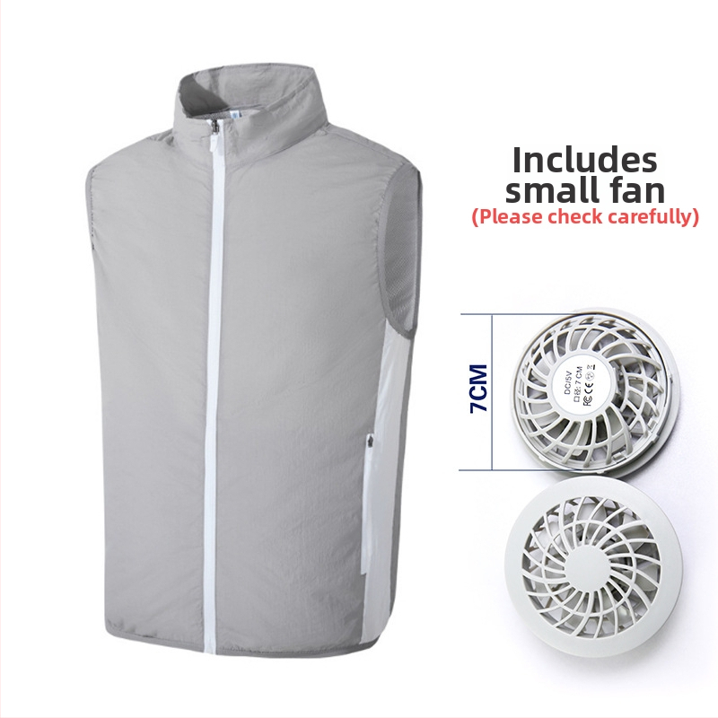 Prenosná vesta na chladenie s integrovaným ventilátorom pre vonkajšie rybárčenie – stojací golier, zips, bočné vrecká, polyester, UPF50+