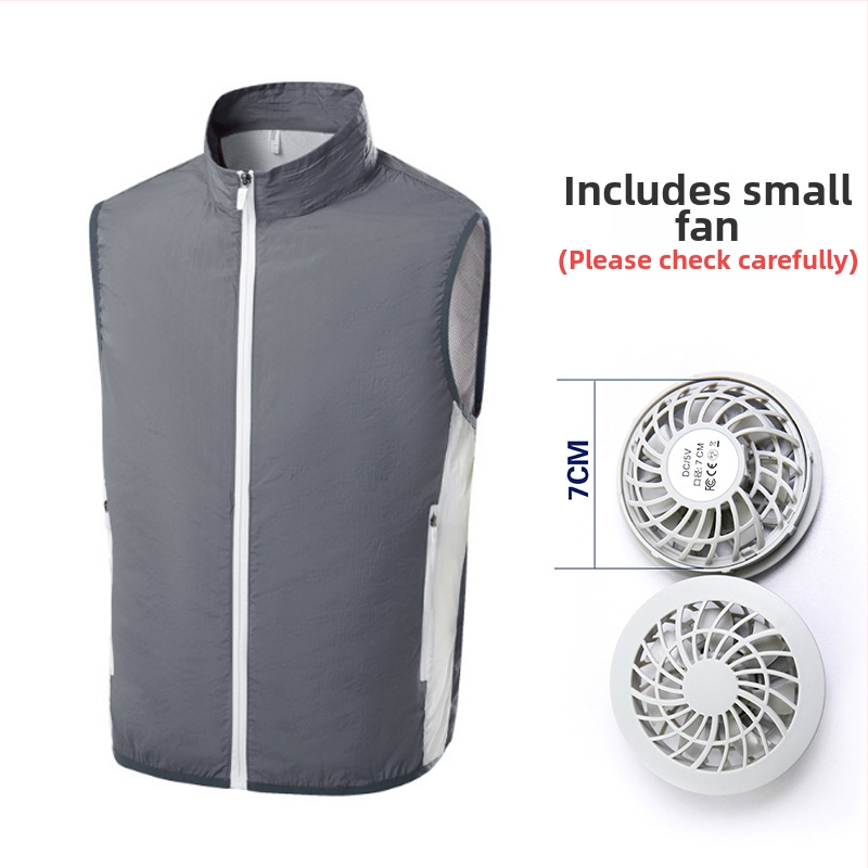 Prenosná vesta na chladenie s integrovaným ventilátorom pre vonkajšie rybárčenie – stojací golier, zips, bočné vrecká, polyester, UPF50+