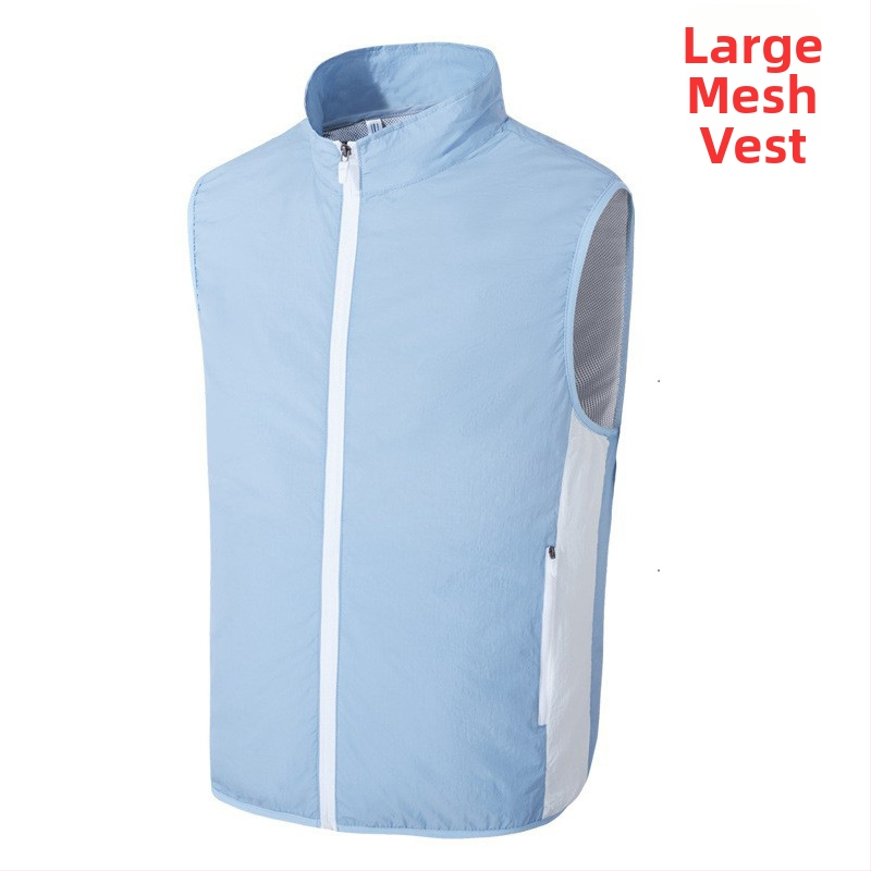 Prenosná vesta na chladenie s integrovaným ventilátorom pre vonkajšie rybárčenie – stojací golier, zips, bočné vrecká, polyester, UPF50+