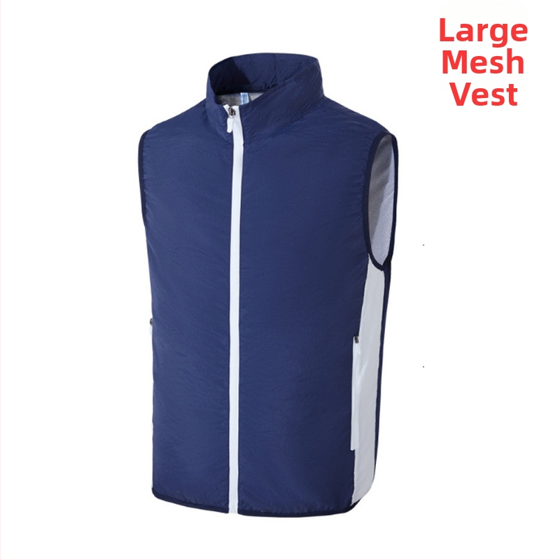 Prenosná vesta na chladenie s integrovaným ventilátorom pre vonkajšie rybárčenie – stojací golier, zips, bočné vrecká, polyester, UPF50+