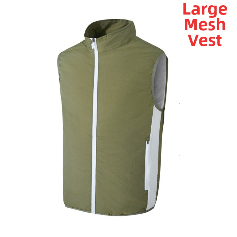 Prenosná vesta na chladenie s integrovaným ventilátorom pre vonkajšie rybárčenie – stojací golier, zips, bočné vrecká, polyester, UPF50+