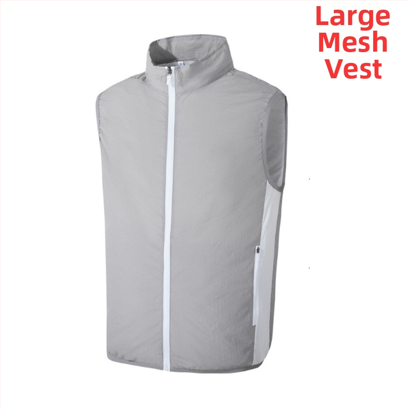 Prenosná vesta na chladenie s integrovaným ventilátorom pre vonkajšie rybárčenie – stojací golier, zips, bočné vrecká, polyester, UPF50+