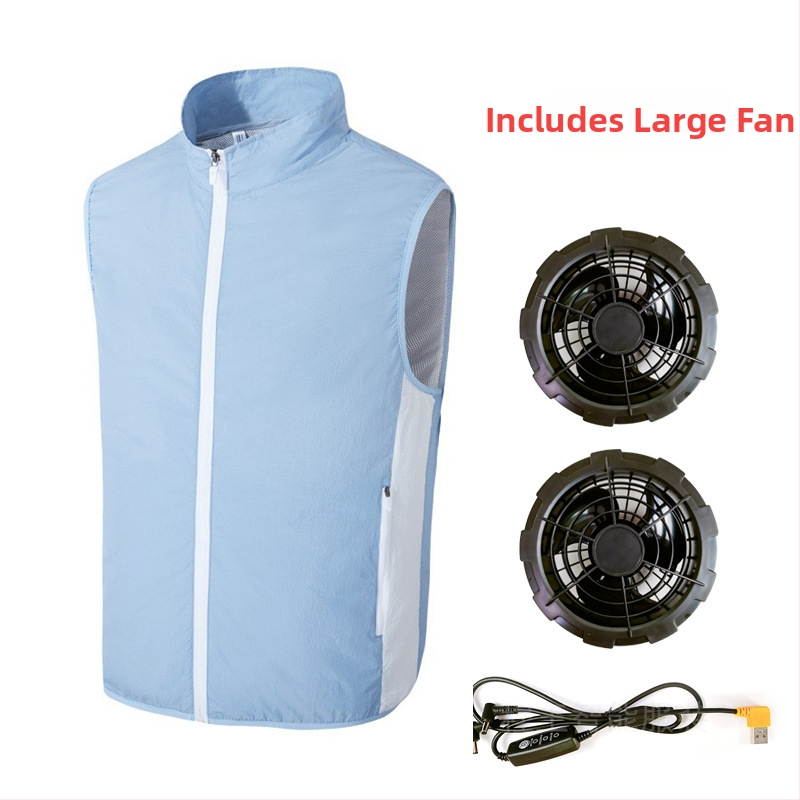 Prenosná vesta na chladenie s integrovaným ventilátorom pre vonkajšie rybárčenie – stojací golier, zips, bočné vrecká, polyester, UPF50+
