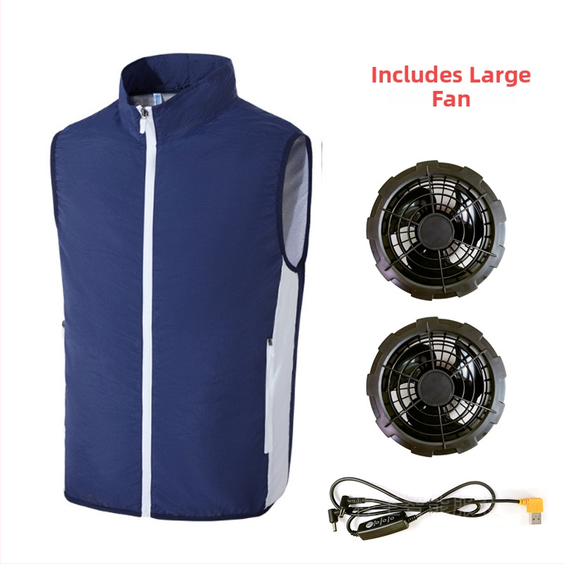 Prenosná vesta na chladenie s integrovaným ventilátorom pre vonkajšie rybárčenie – stojací golier, zips, bočné vrecká, polyester, UPF50+
