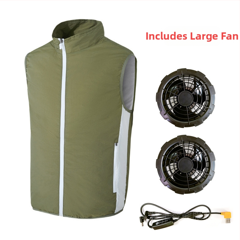 Prenosná vesta na chladenie s integrovaným ventilátorom pre vonkajšie rybárčenie – stojací golier, zips, bočné vrecká, polyester, UPF50+