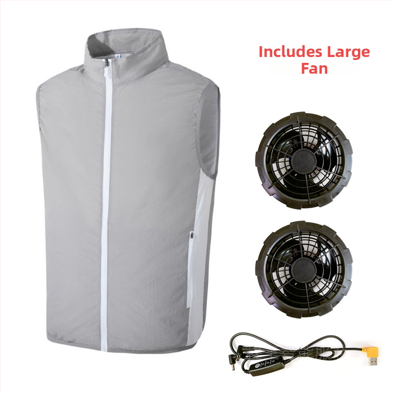 Prenosná vesta na chladenie s integrovaným ventilátorom pre vonkajšie rybárčenie – stojací golier, zips, bočné vrecká, polyester, UPF50+