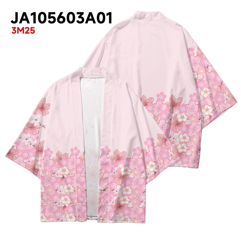 Poliester kimono kardigan s 3D potpunim otiskom, lagani materijal, rukavi 3/4, duljina 50–65 cm, svjež stil.