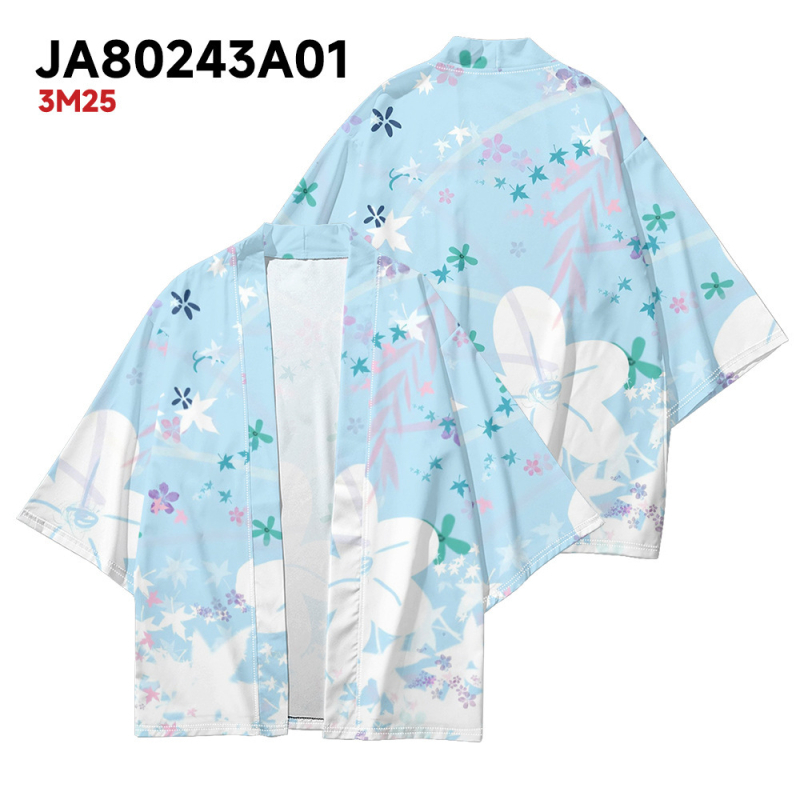 Poliester kimono kardigan s 3D potpunim otiskom, lagani materijal, rukavi 3/4, duljina 50–65 cm, svjež stil.