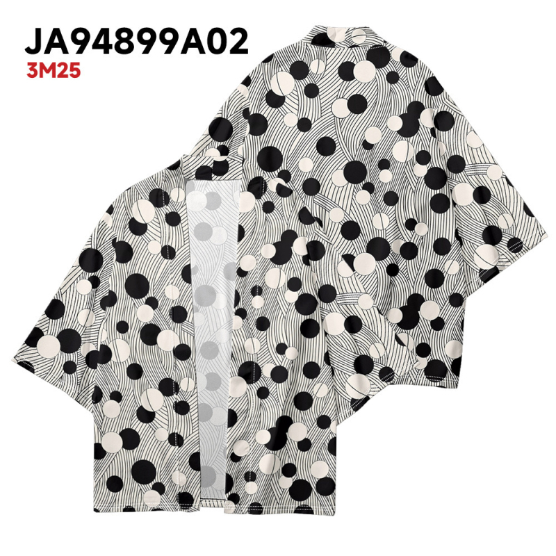 Poliester kimono kardigan s 3D potpunim otiskom, lagani materijal, rukavi 3/4, duljina 50–65 cm, svjež stil.