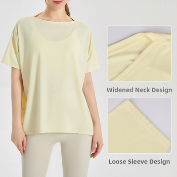 Top de yoga pentru femei, uscare rapidă, material Ice Silk; compoziție 83% nylon + 17% spandex; protecție solară și acțiune bacteriostatică; mâneci scurte; lungime la șolduri