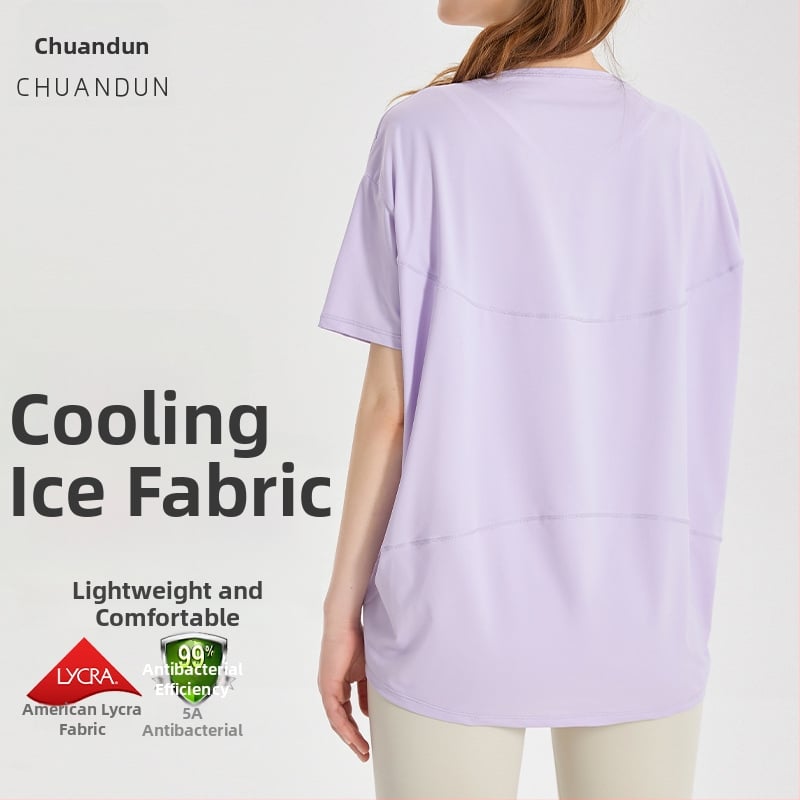 Top de yoga pentru femei, uscare rapidă, material Ice Silk; compoziție 83% nylon + 17% spandex; protecție solară și acțiune bacteriostatică; mâneci scurte; lungime la șolduri