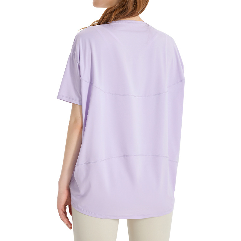 Top de yoga pentru femei, uscare rapidă, material Ice Silk; compoziție 83% nylon + 17% spandex; protecție solară și acțiune bacteriostatică; mâneci scurte; lungime la șolduri