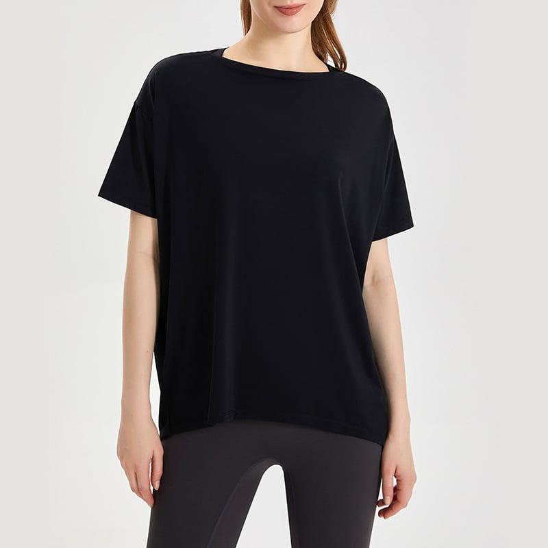Top de yoga pentru femei, uscare rapidă, material Ice Silk; compoziție 83% nylon + 17% spandex; protecție solară și acțiune bacteriostatică; mâneci scurte; lungime la șolduri