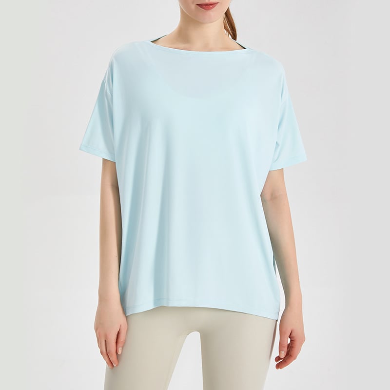 Top de yoga pentru femei, uscare rapidă, material Ice Silk; compoziție 83% nylon + 17% spandex; protecție solară și acțiune bacteriostatică; mâneci scurte; lungime la șolduri
