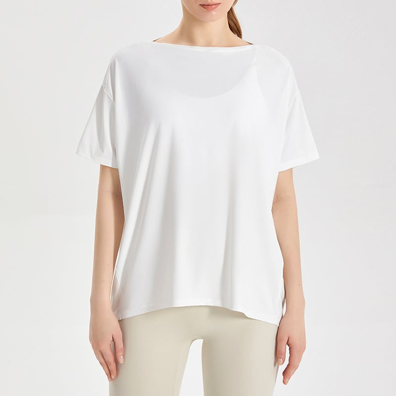 Top de yoga pentru femei, uscare rapidă, material Ice Silk; compoziție 83% nylon + 17% spandex; protecție solară și acțiune bacteriostatică; mâneci scurte; lungime la șolduri