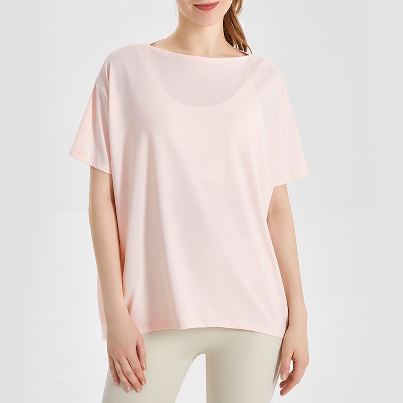 Top de yoga pentru femei, uscare rapidă, material Ice Silk; compoziție 83% nylon + 17% spandex; protecție solară și acțiune bacteriostatică; mâneci scurte; lungime la șolduri