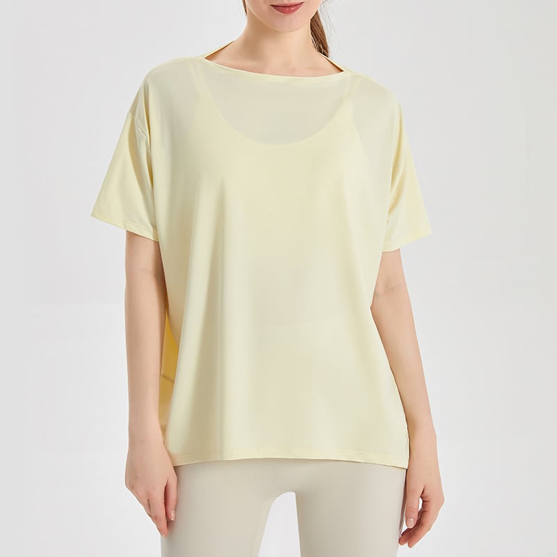 Top de yoga pentru femei, uscare rapidă, material Ice Silk; compoziție 83% nylon + 17% spandex; protecție solară și acțiune bacteriostatică; mâneci scurte; lungime la șolduri