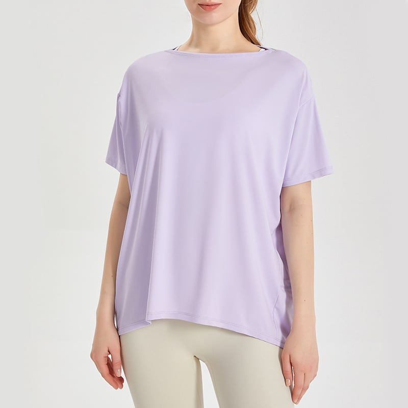 Top de yoga pentru femei, uscare rapidă, material Ice Silk; compoziție 83% nylon + 17% spandex; protecție solară și acțiune bacteriostatică; mâneci scurte; lungime la șolduri