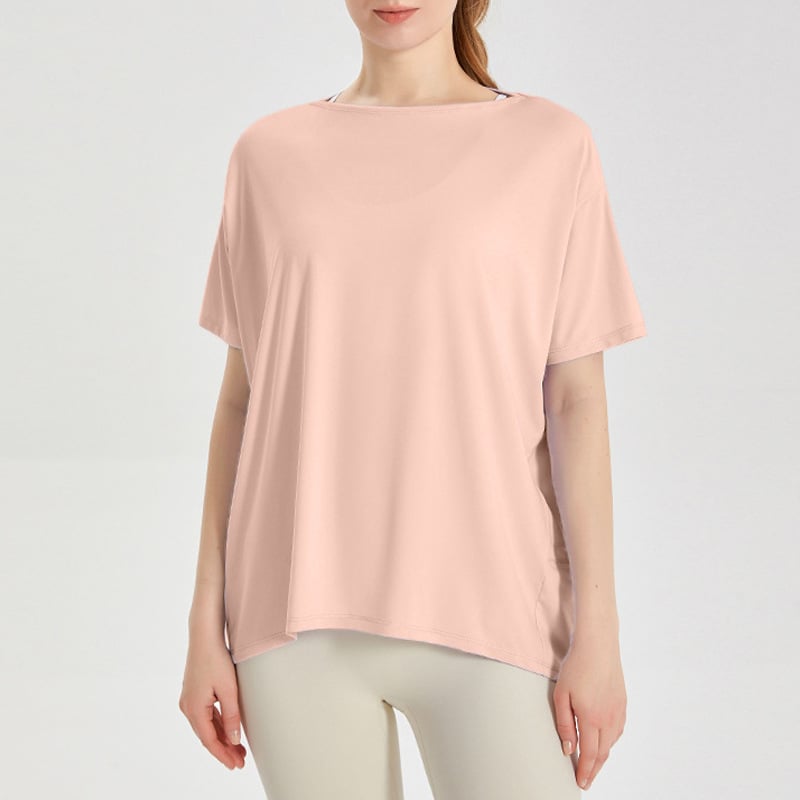 Top de yoga pentru femei, uscare rapidă, material Ice Silk; compoziție 83% nylon + 17% spandex; protecție solară și acțiune bacteriostatică; mâneci scurte; lungime la șolduri