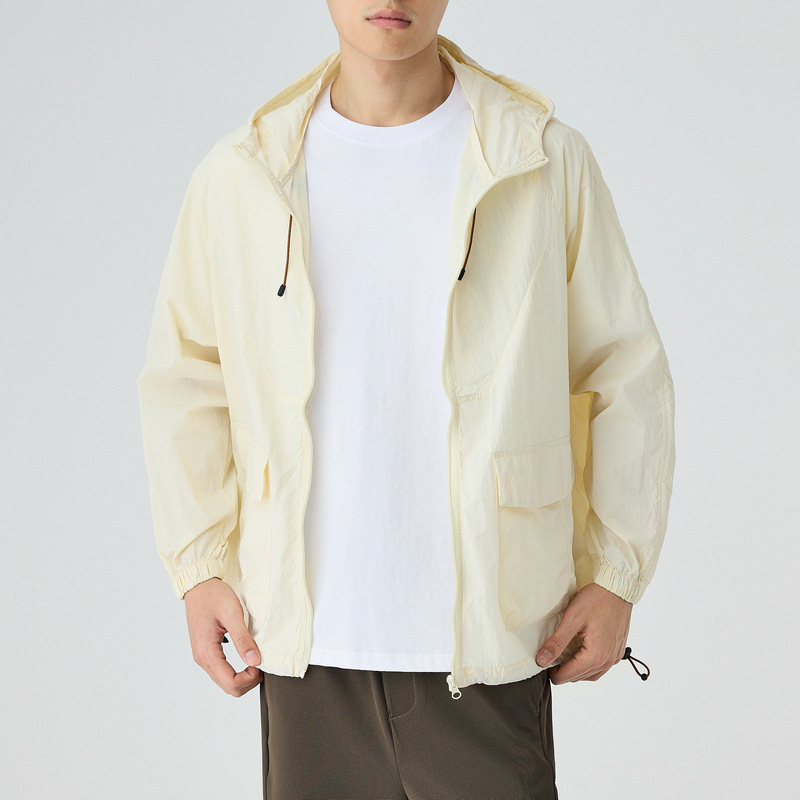 Geacă unisex cu protecție UV, cu glugă, ușoară, fermoar și buzunare cu patch UPF50+