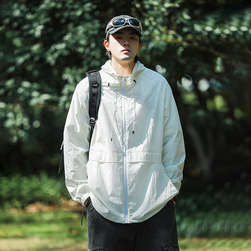 Geacă cu glugă, protecție solară UPF50+, țesătură Ice Silk subțire, respirabilă, pentru vară, pentru adolescenți 18–24, stil coreean, închidere cu fermoar