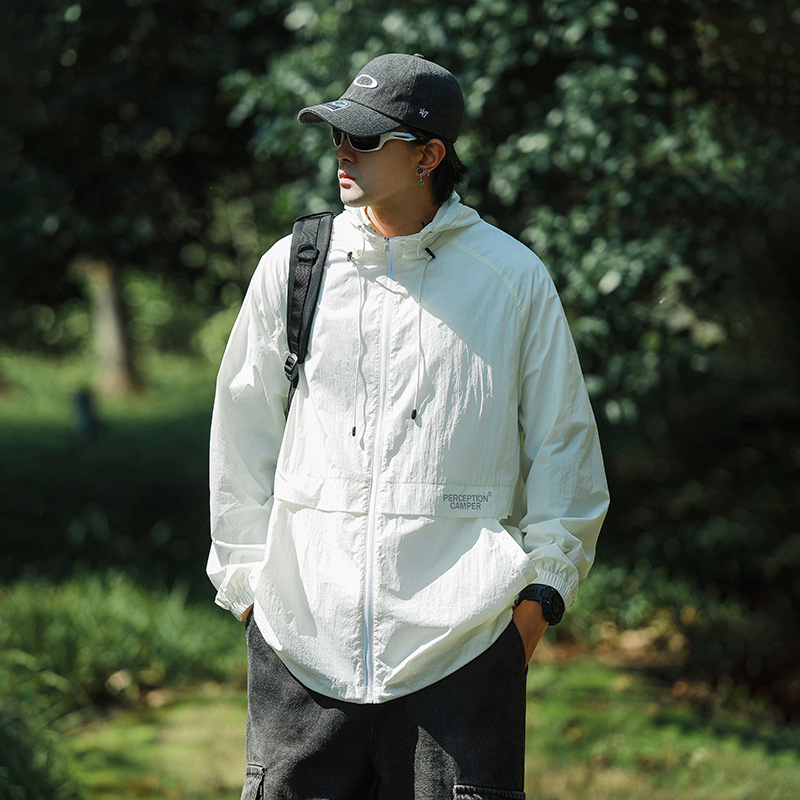Geacă cu glugă, protecție solară UPF50+, țesătură Ice Silk subțire, respirabilă, pentru vară, pentru adolescenți 18–24, stil coreean, închidere cu fermoar
