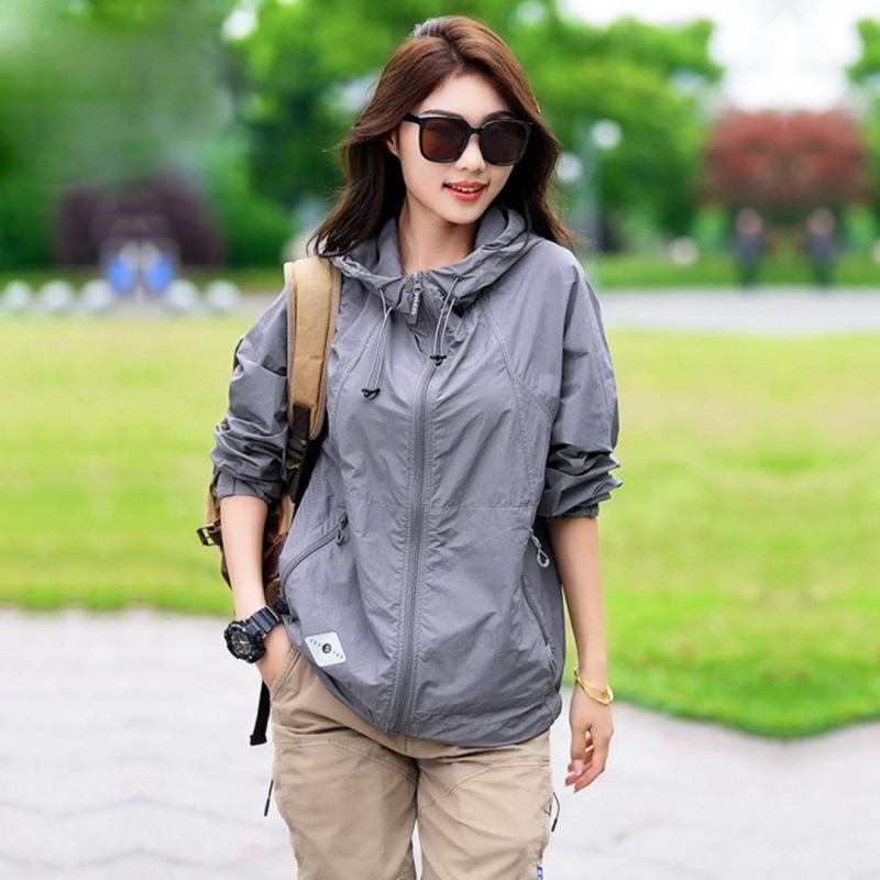 Geacă unisex de exterior cu protecție UV UPF50+, din țesătură ice silk, nailon, cu glugă, ușoară pentru vară