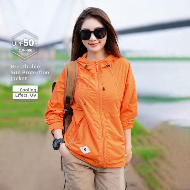 Geacă unisex de exterior cu protecție UV UPF50+, din țesătură ice silk, nailon, cu glugă, ușoară pentru vară