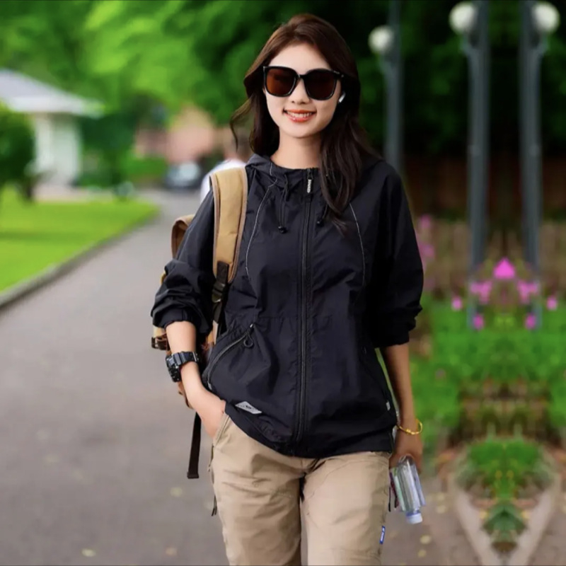 Geacă unisex de exterior cu protecție UV UPF50+, din țesătură ice silk, nailon, cu glugă, ușoară pentru vară