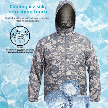 Geacă ușoară camuflaj cu glugă — poliester, protecție UV, pentru drumeții, camping și pescuit