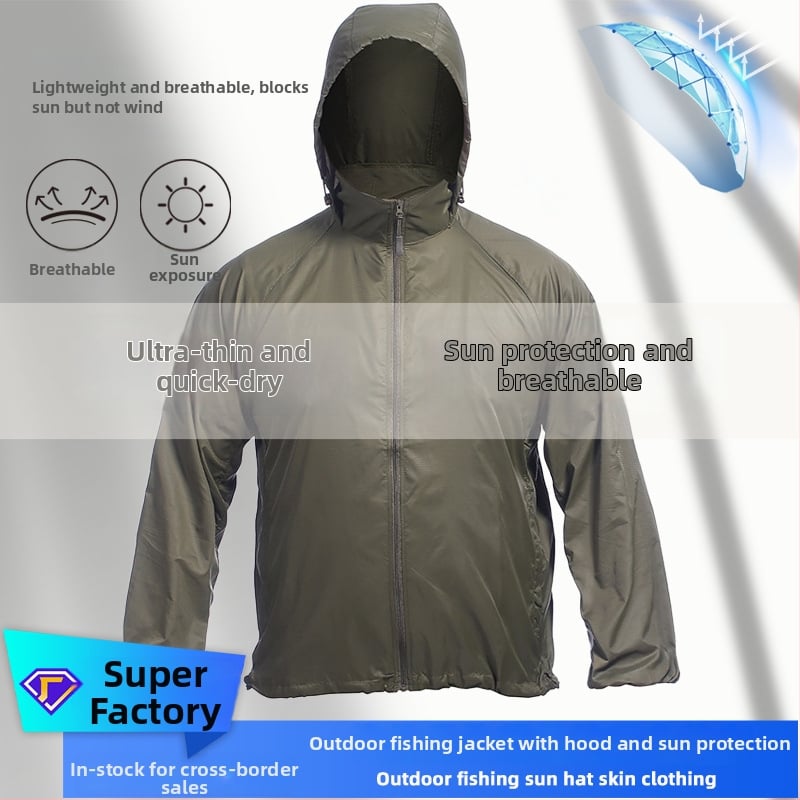 Geacă ușoară camuflaj cu glugă — poliester, protecție UV, pentru drumeții, camping și pescuit