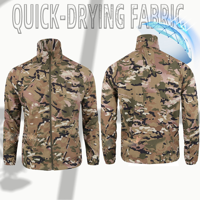 Geacă ușoară camuflaj cu glugă — poliester, protecție UV, pentru drumeții, camping și pescuit