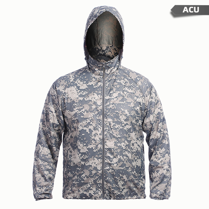 Geacă ușoară camuflaj cu glugă — poliester, protecție UV, pentru drumeții, camping și pescuit