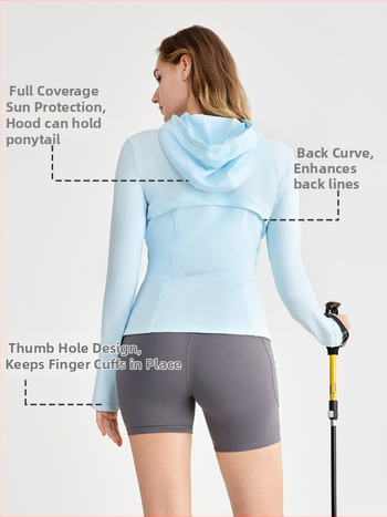 Jachetă pentru femei cu protecție solară UPF50+ cu glugă (croială Slim, material răcoros, găuri pentru degetul mare)