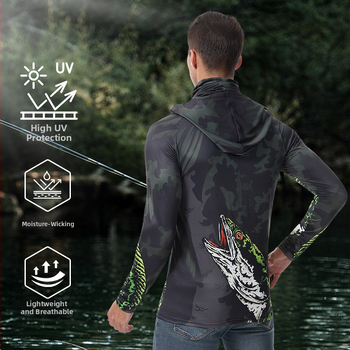 Jachetă de pescuit outdoor pentru bărbați, protecție UV UPF 15-25+, uscare rapidă, respirabilă, absorbția umezelii, glugă, mâneci lungi, poliester