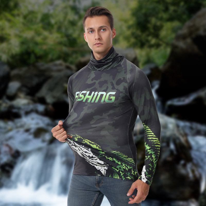 Jachetă de pescuit outdoor pentru bărbați, protecție UV UPF 15-25+, uscare rapidă, respirabilă, absorbția umezelii, glugă, mâneci lungi, poliester