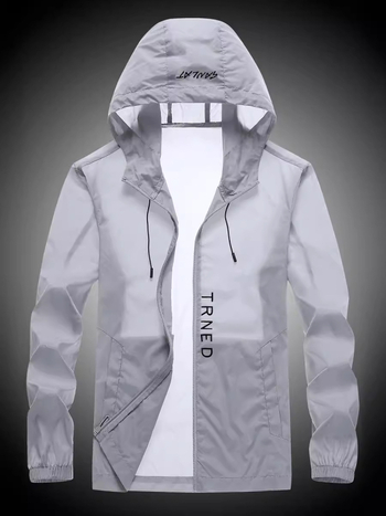 Férfi napvédő kabát, vékony, légáteresztő, kapucnival, cipzárral és több zsebbel