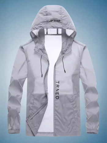 Férfi napvédő kabát, vékony, légáteresztő, kapucnival, cipzárral és több zsebbel