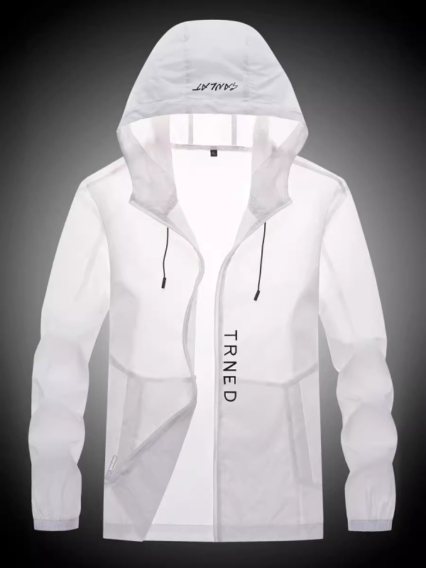 Férfi napvédő kabát, vékony, légáteresztő, kapucnival, cipzárral és több zsebbel